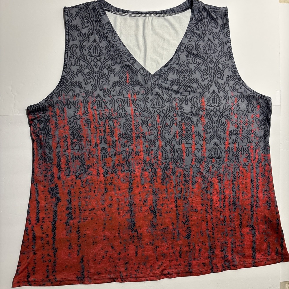 Grey Red Damask Print V-Neck Sleeveless‎ Tank Top Plus Size 4XL Distressed Drip